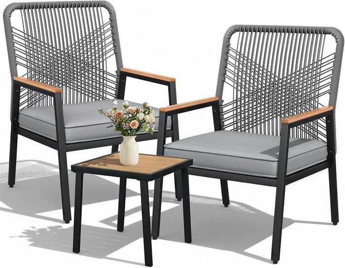 LIFERUN 3-Piece Rattan Patio Set with 2 Chairs and Table, Gray