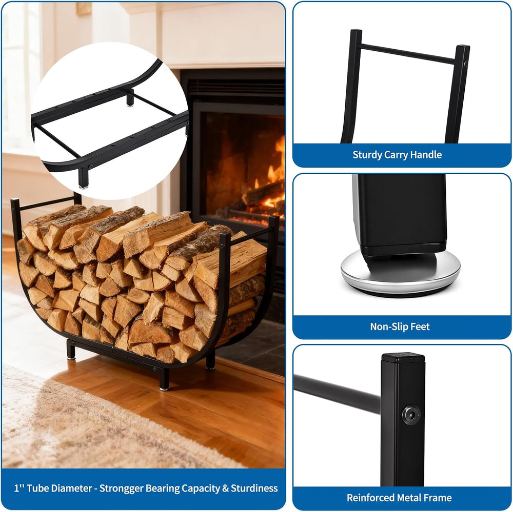 35’’ Firewood Rack Outdoor w Thicken Cover, Curved Metal Wood Rack Indoor