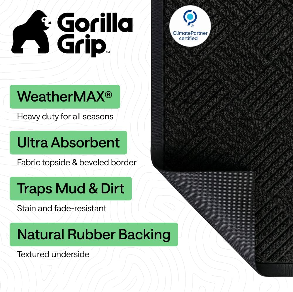 GORILLA GRIP WeatherMAX Door Mat, Indoor Outdoor Use, 35x23, Black Diamond