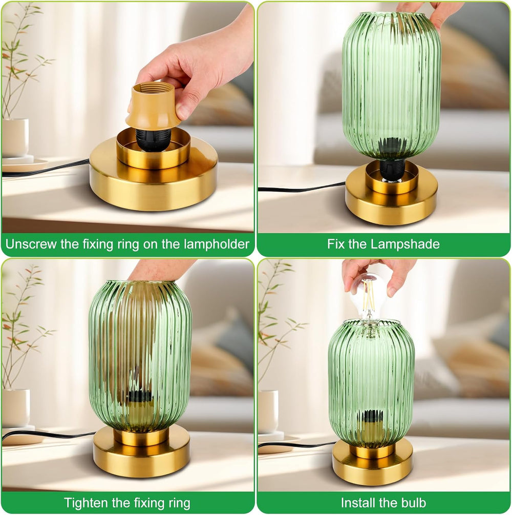 Mid Century Modern Table Lamp, Touch Control & 3 Way Dimmable, Green Ribb...