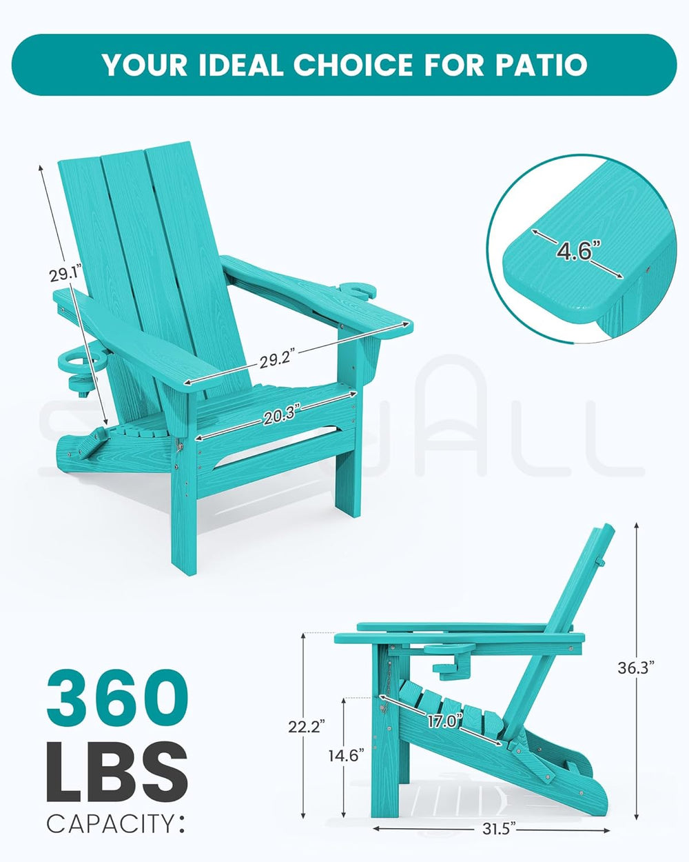 SERWALL Modern Folding Adirondack Chairs Set of 2, HDPE, Cup Holders, Teal