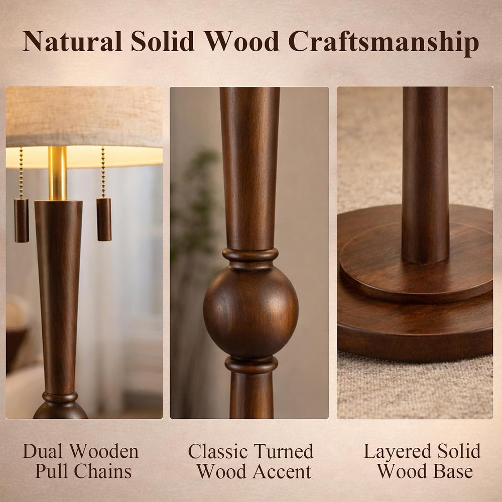 MOFFE Solid Wood Floor Lamp for Living Room with Wooden Pull Chains