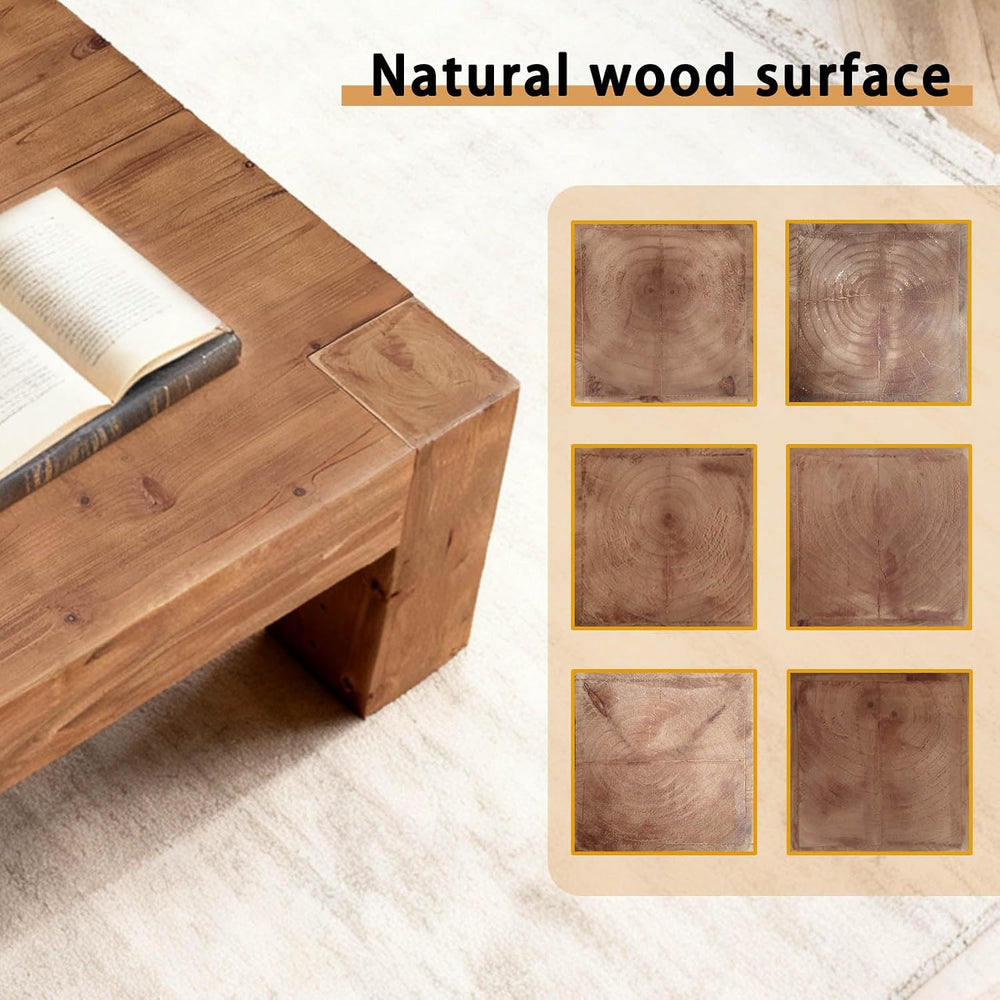 Rustic Wooden Coffee Table for Living Room, Big Square Coffee Table