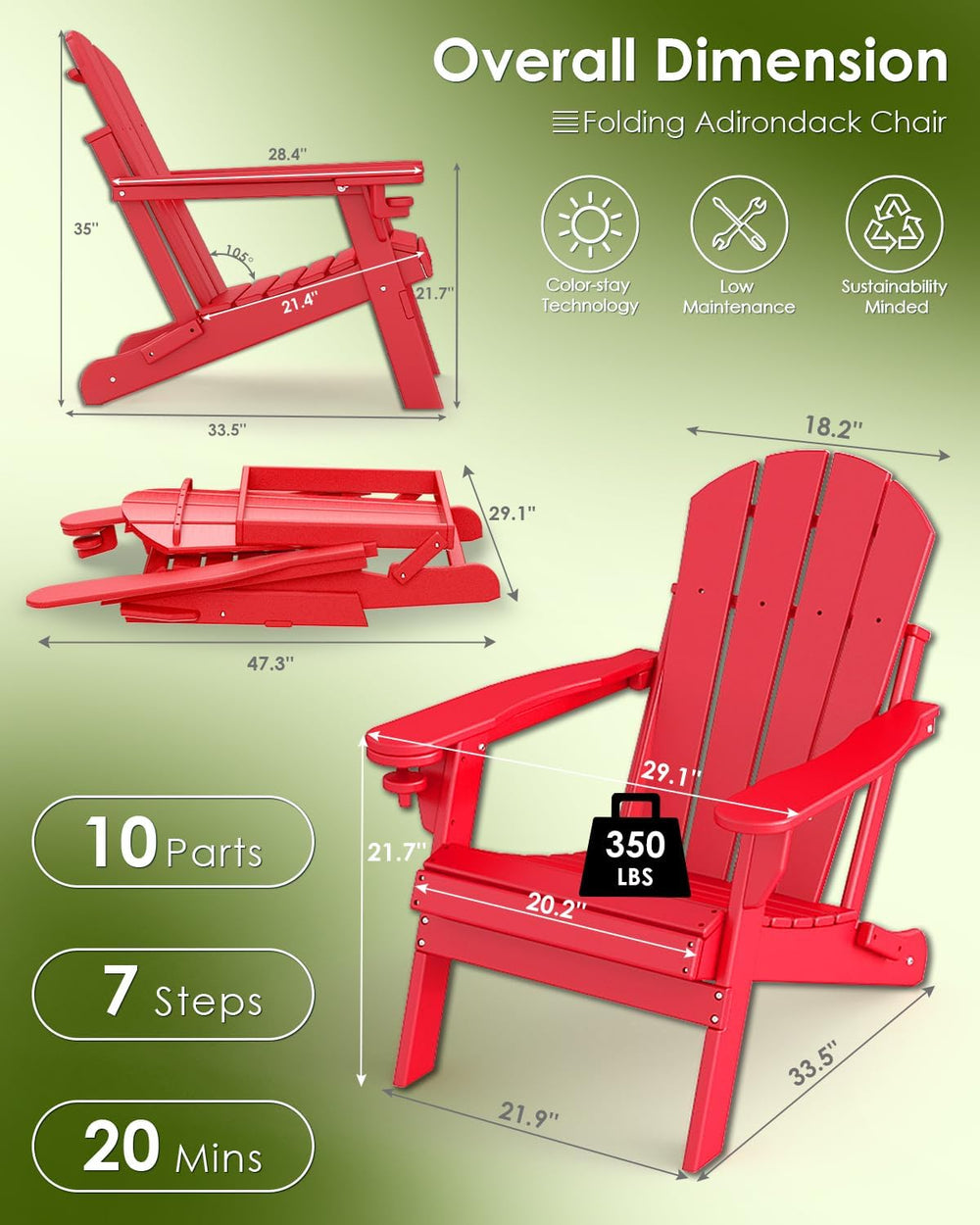 GREENVINES Folding-Adirondack-Chair, HDPE All Weather, Red