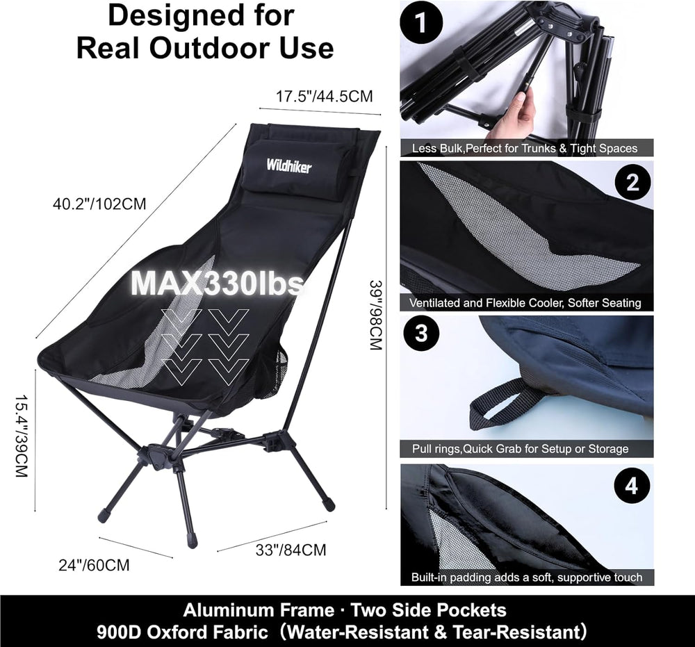 Wildhiker RestAngle High Back Folding Camping Chair, Lounge Comfort - Black
