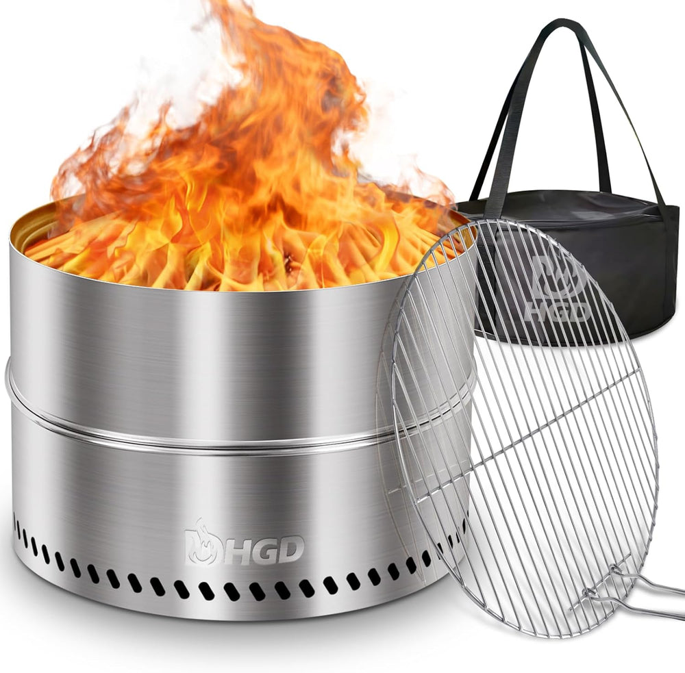 HGD 19.6 Inch Smokeless Firepit with Grill, Portable Wood Burning Fire Pit fo...