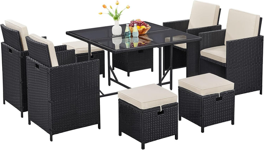 Yaheetech 9 Pcs Patio Dining Sets, Rattan Chairs w/Glass Table Black/Beige