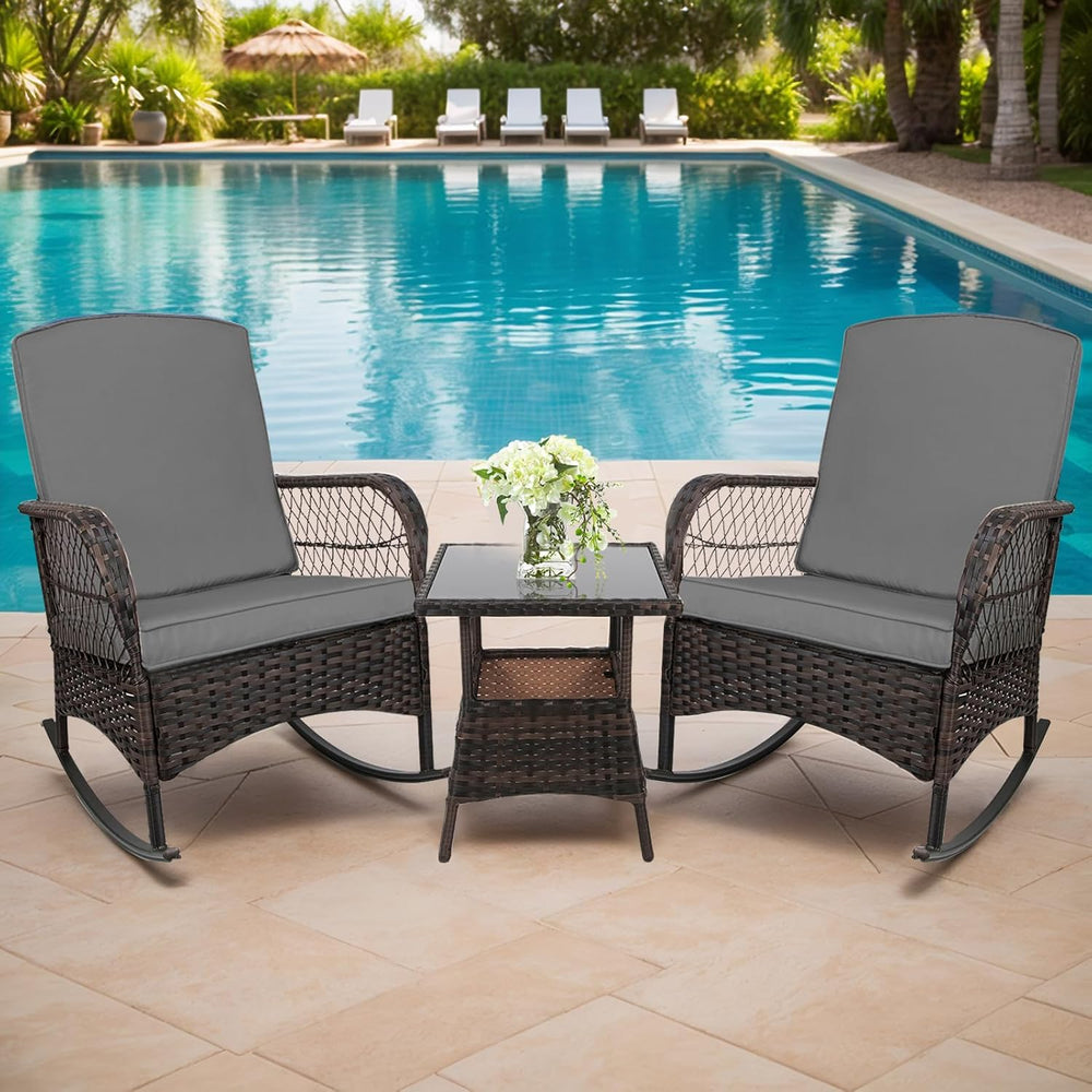 LEVELEVE 3 pcs Rocking Bistro Set Conversation Chairs PE Wicker Outdoor Rocki...