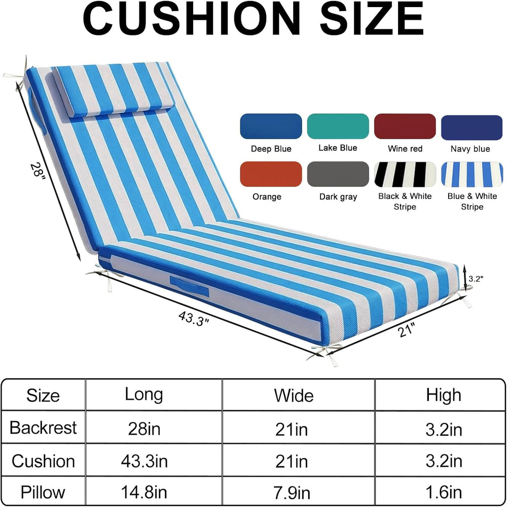 Outdoor Chaise Lounge Cushion – 72"x21" Waterproof Pool Chair Pad w...
