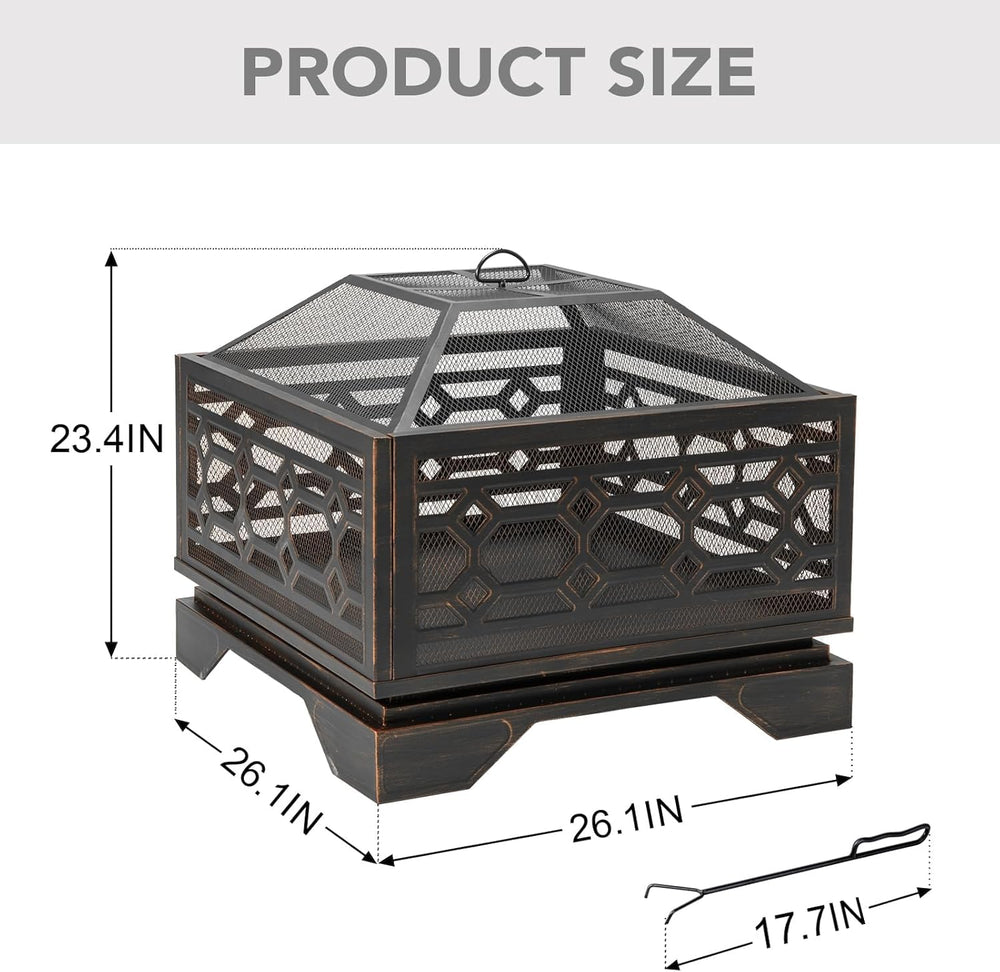 26 Inch Outdoor Fire Pit, Wood Burning Outside Fireplace with Mesh Cover