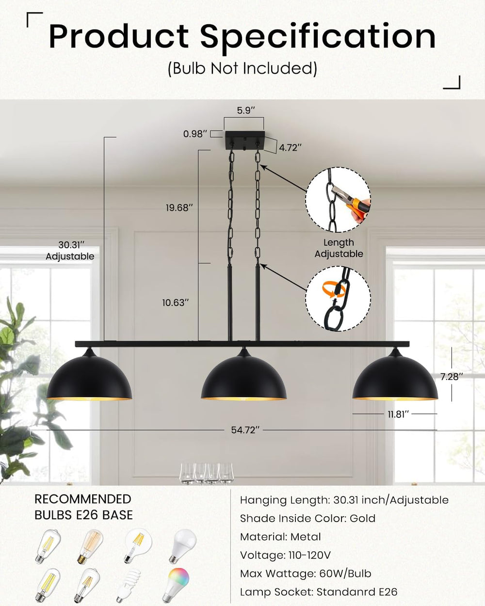 3-Light Island Light for Kitchen, Farmhouse Industrial Dining Room Light Fixt...