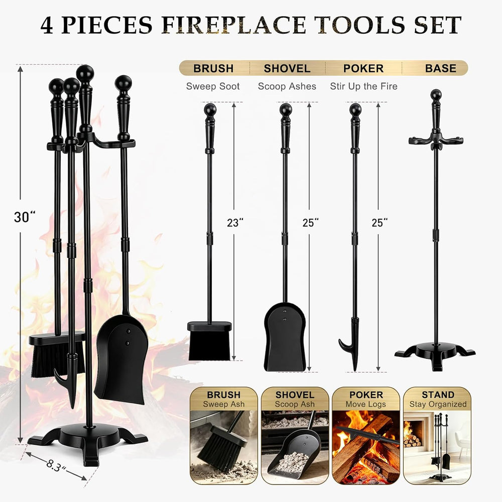FEED GARDEN 4-Piece Fireplace Tool Set with Stand, 30In Wrought Iron, Black