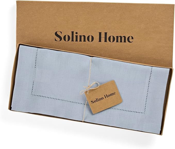 Solino Home Linen Dusty Blue Table Runner 60 Inches - Classic Hemstitch, 100%...