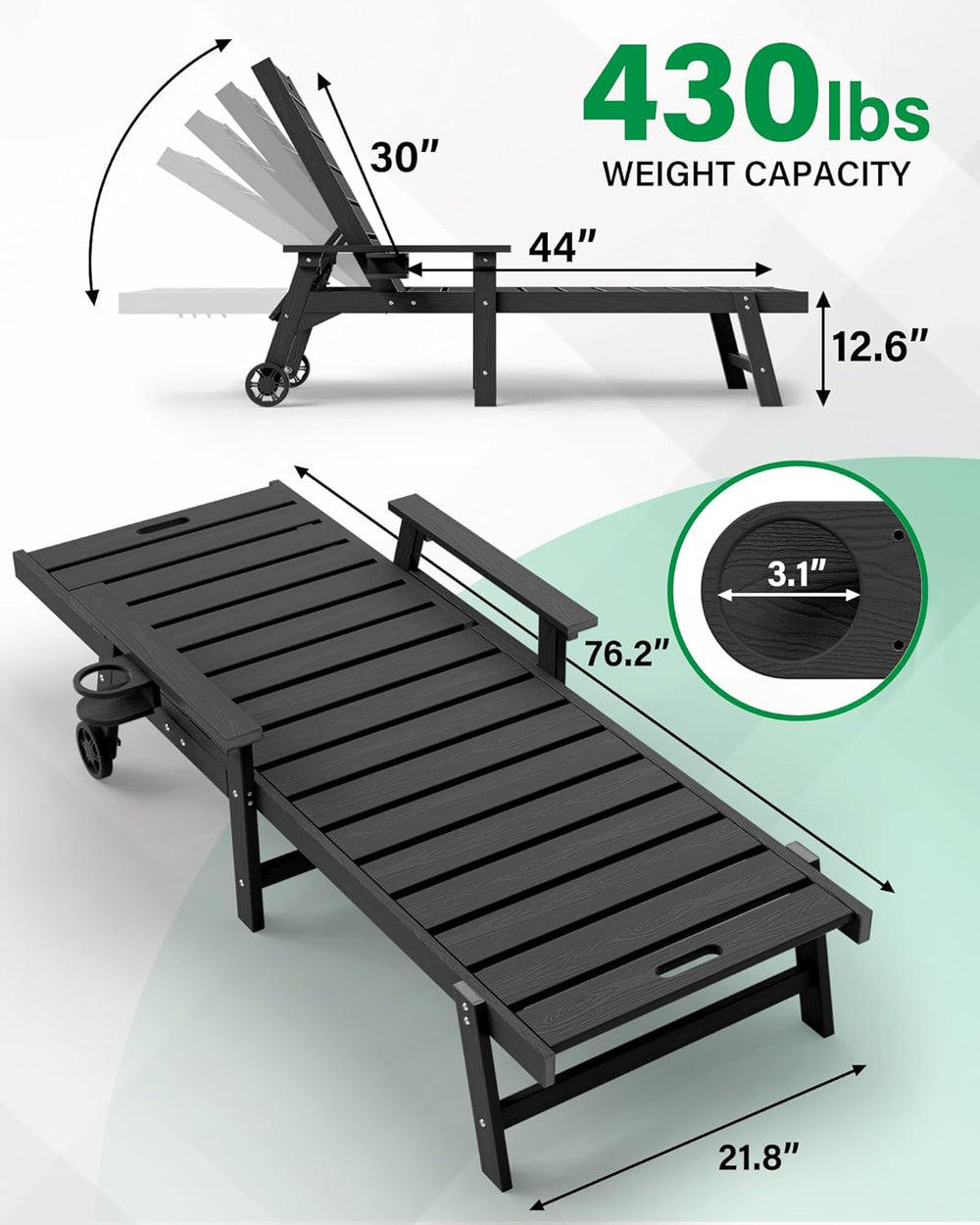 YEFU Lounge Chair Outdoor Set of 2, HIPS Chaise Lounge Outdoor, Black