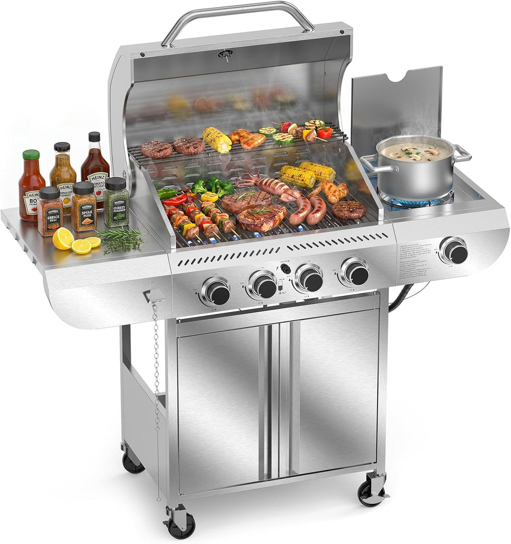 Electactic Stainless Steel 4-Burner Gas Grill with Side Burner – 42000BTU Pro...