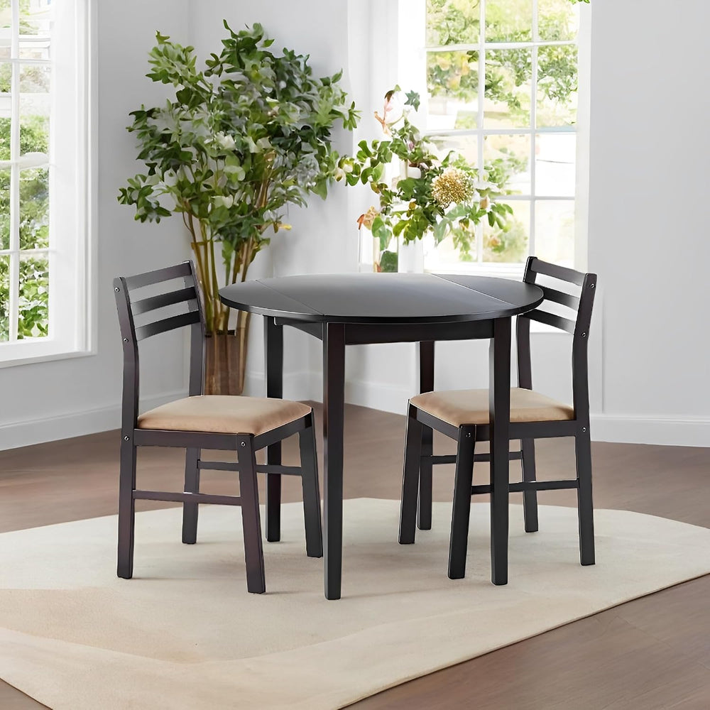 CARTESIAN 3-Piece Round Drop Leaf Dining Set, Cappuccino Table with Ladder Ba...