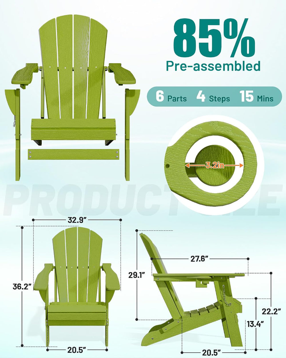 PLUUV Adirondack Chair Set of 6, Firepit Chair with Cup Holder, Light Green