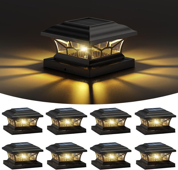 8 Pack Solar Post Cap Lights Outdoor Waterproof, Dual Light, Black