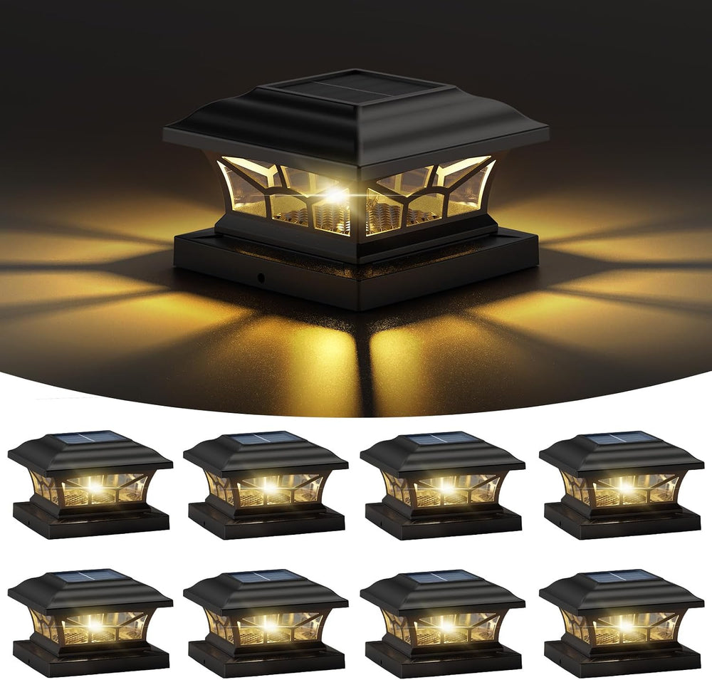8 Pack Solar Post Cap Lights Outdoor Waterproof, Dual Light, Black