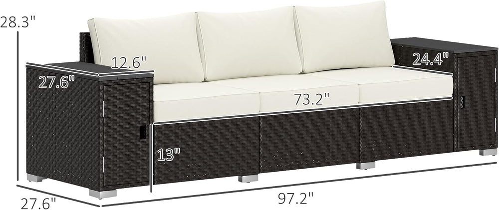 Outsunny 3 Seater Wicker Sofa with 2 Storage Side Tables Cream White/Brown