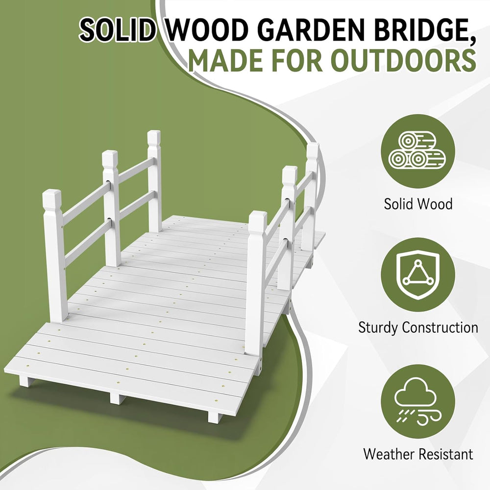 Outvita 5 ft Garden Wooden Bridge Arch Stained Finish with Safety Rails Outdo...