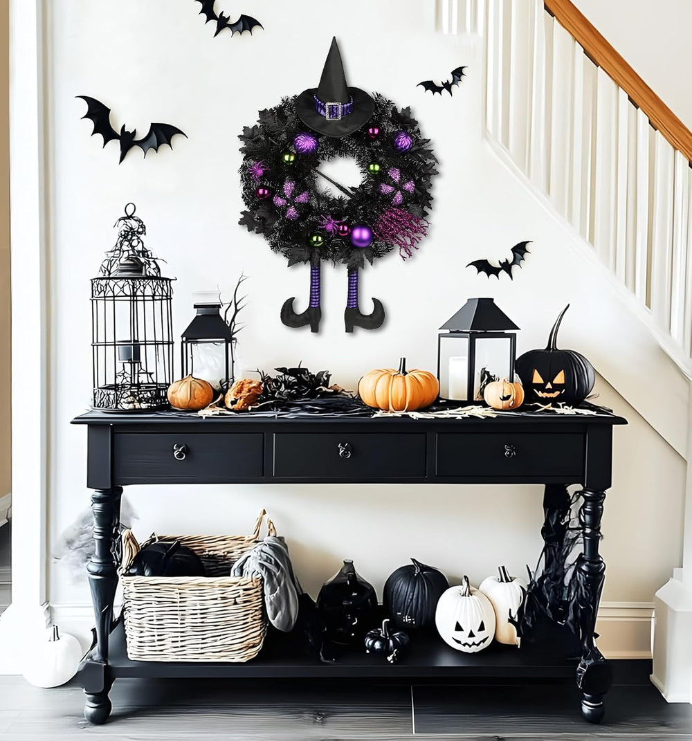 Halloween Wreath for Front Door 26" Tinsel Black Witch Wreath with Hat L...