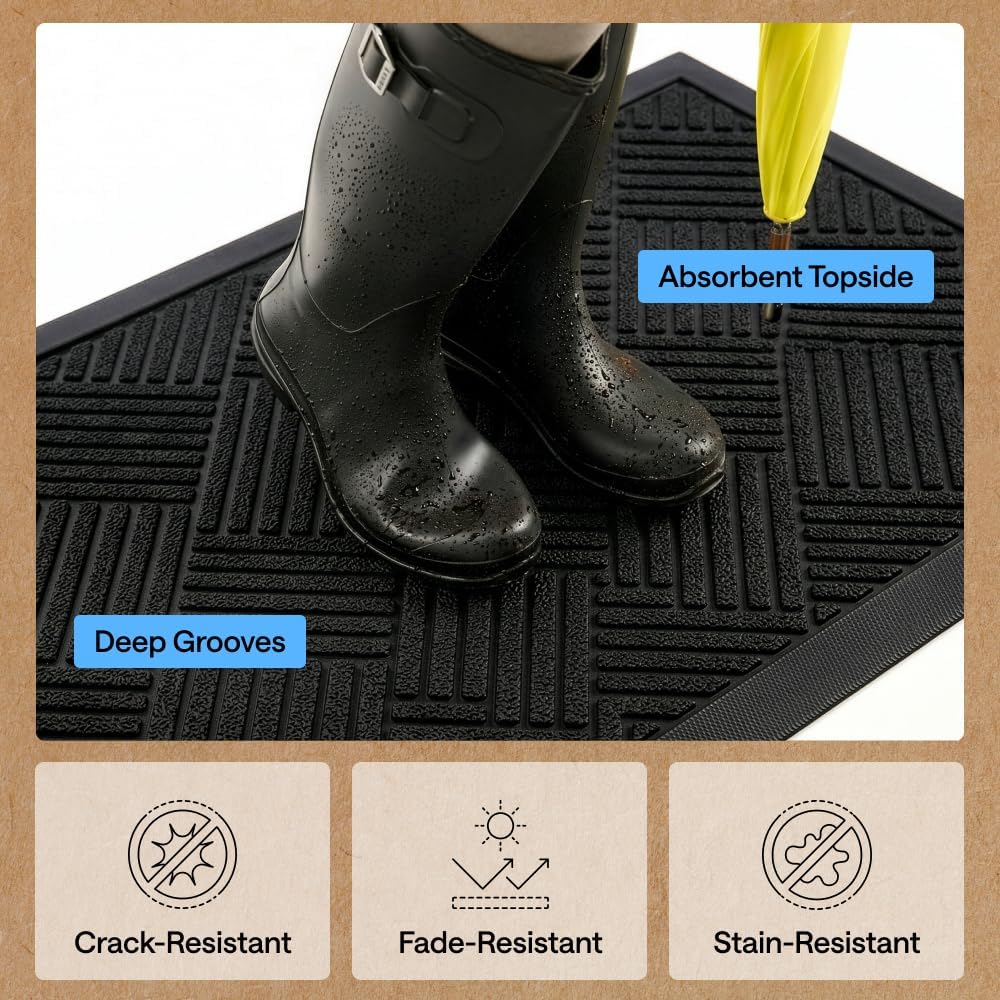 GORILLA GRIP WeatherMAX Door Mat, Indoor Outdoor Use, 35x23, Black Diamond