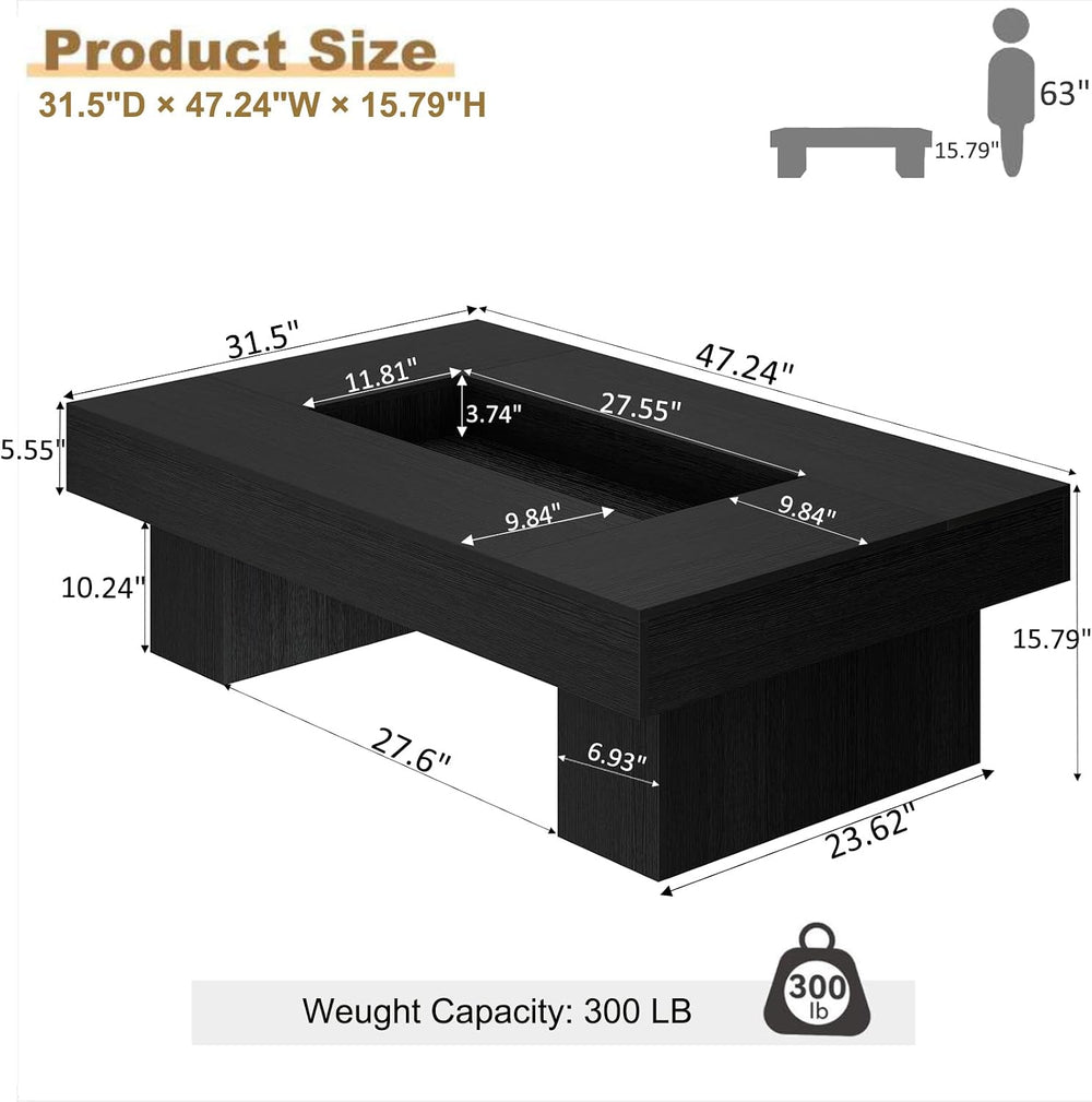 LVB 47"X31" Large Rectangle Black Oak Coffee Table with Storage Liv...