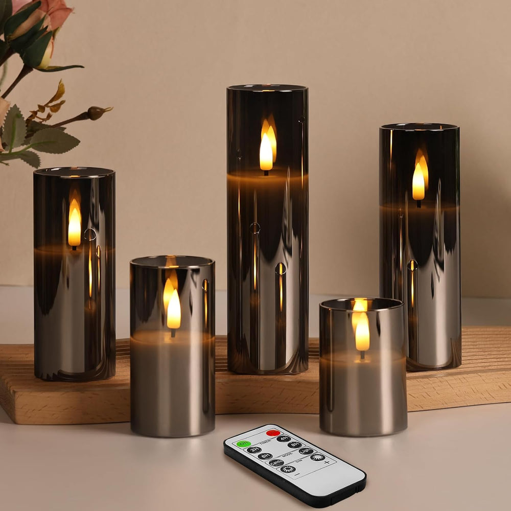 Eywamage Grey Glass Flameless Pillar Candles with Remote Batteries Set of 5