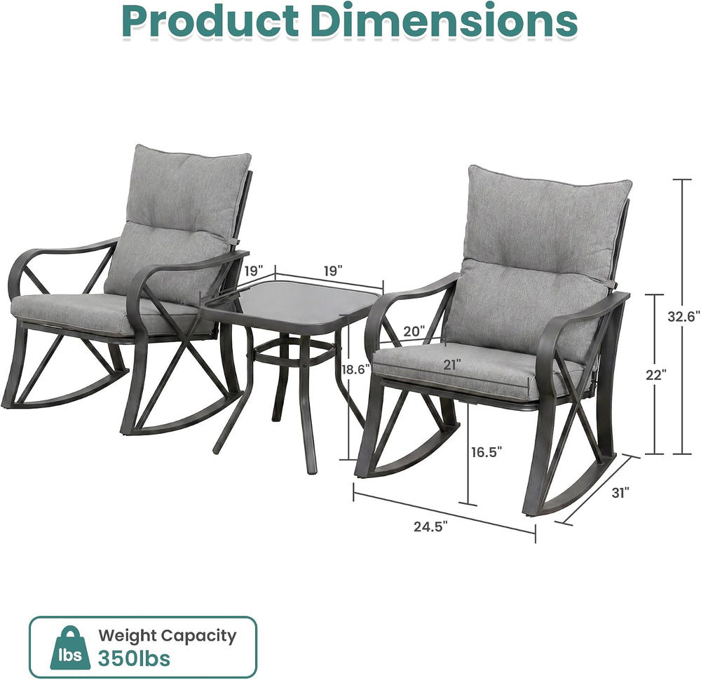 SUNBURY 3 Piece Patio Rocking Conversation Set, Outdoor Rocking Chairs with T...