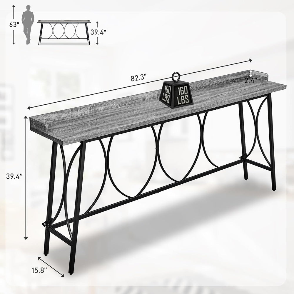 Karl home 82.3" Bar Table, Counter Height Table with Back Rail, Wash Gray