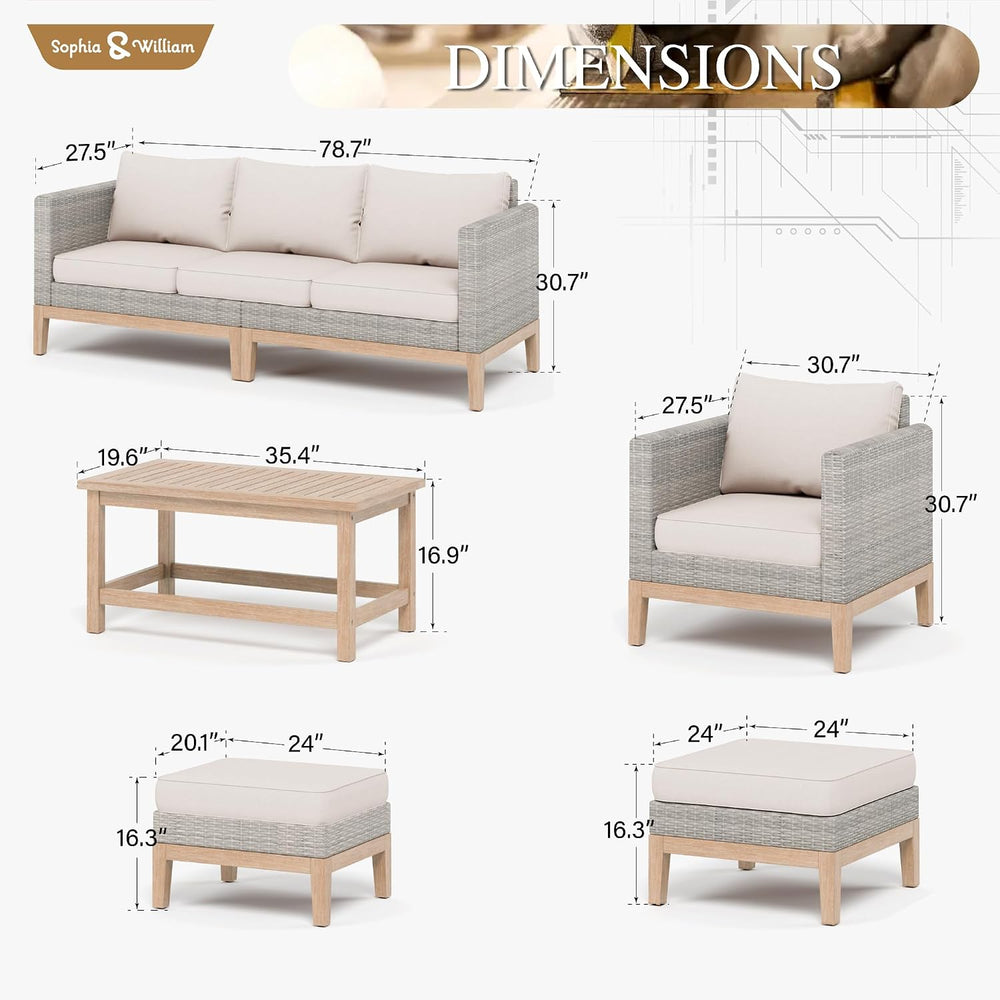 Sophia & William Patio Furniture Rattan Outdoor Sofa Set with Ottomans (5...