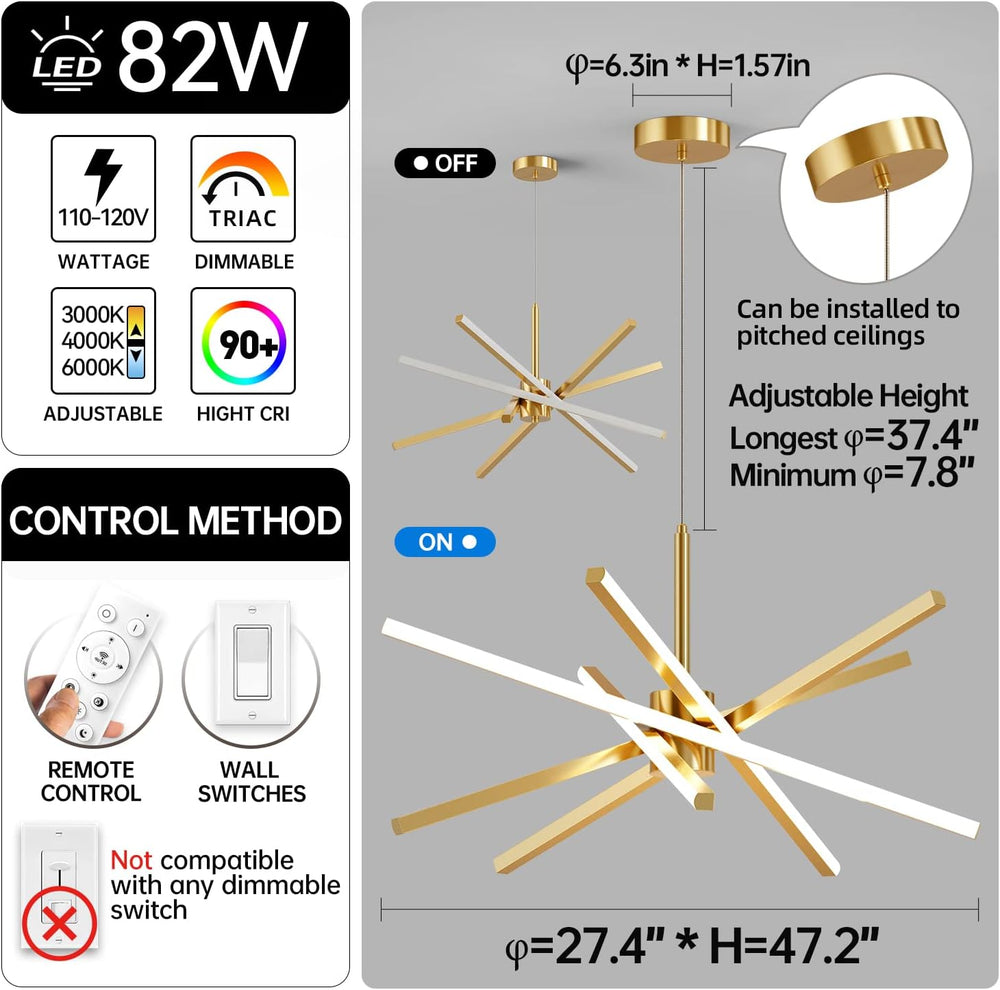 Modern Sputnik Chandelier Ceiling 82W LED Gold Pendant Light Embedded Mount C...