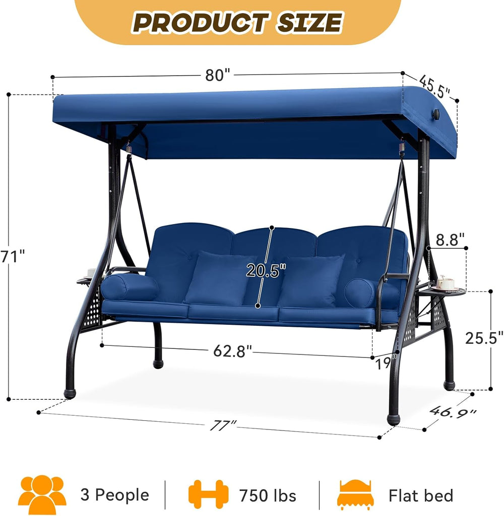 3 in 1 Outdoor Porch Swing with Adjustable Canopy, 3 Seat Outdoor Swing for A...