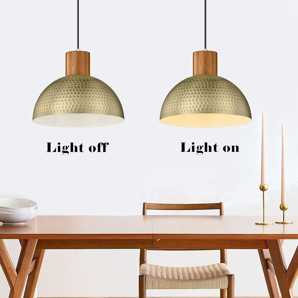 ELYONA 2 Pack Hammered Pendant Lights 12” Vintage Metal & Wood Dome Hangi...