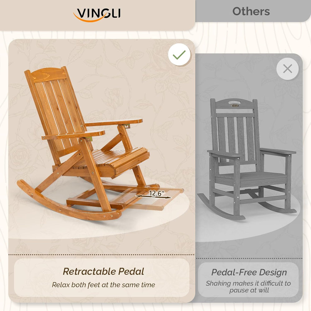 VINGLI Wooden Porch Rocking Chair, Heavy Duty Outdoor Rocking Chair with Retr...