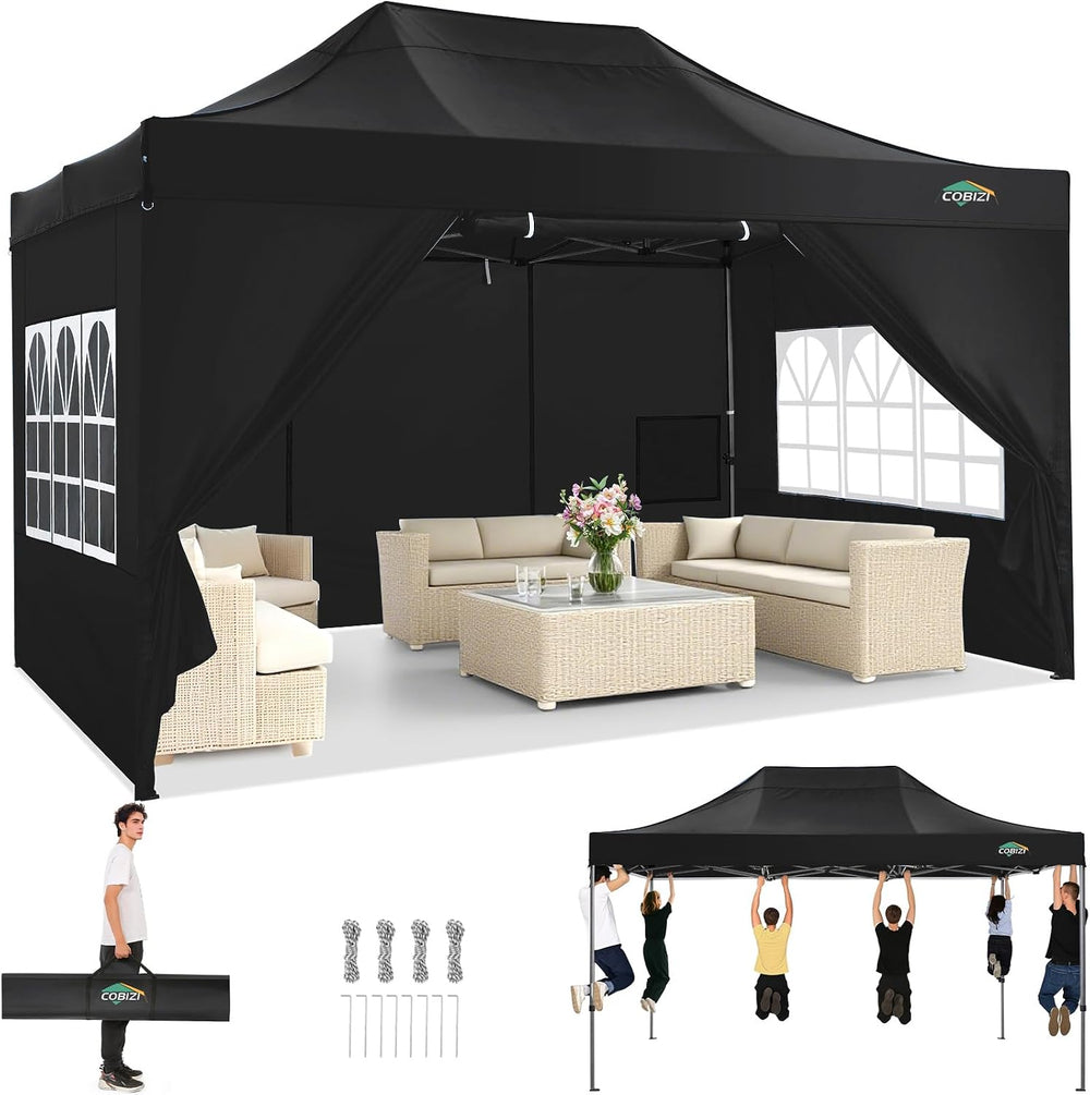 COBIZI 10x15 Heavy Duty Pop Up Canopy Tent with 4 Sidewalls, Black