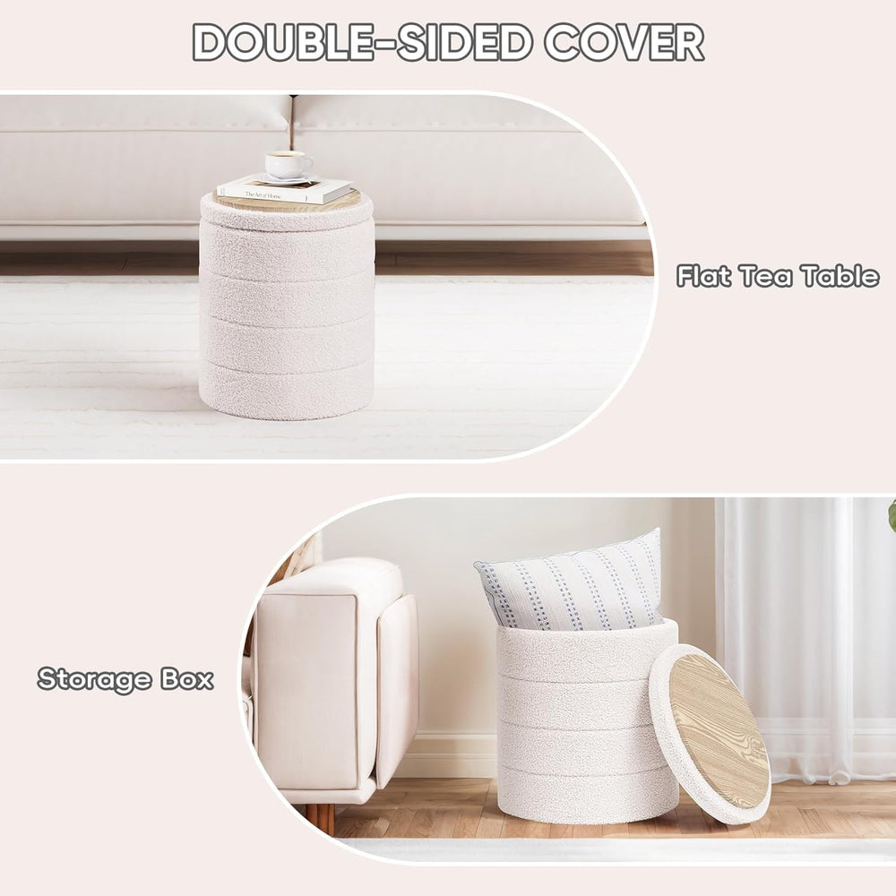 PINPLUS Round Storage Ottoman Foot Rest Stool with Tray Velvet Sherpa Folding...