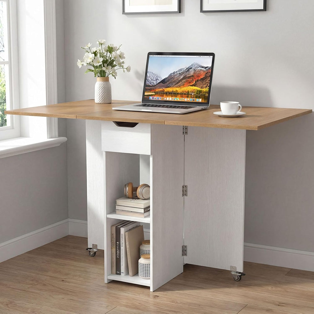 GOFLAME Drop Leaf Dining Table for 2-4, Folding Kitchen Table with Open Shelv...