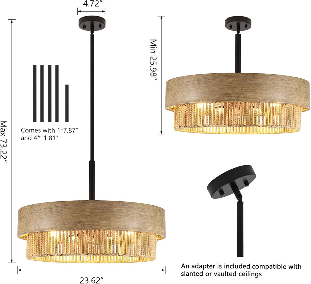 23.6" Large Wood Texture Drum Chandelier for Dining Room with Woven Rattan