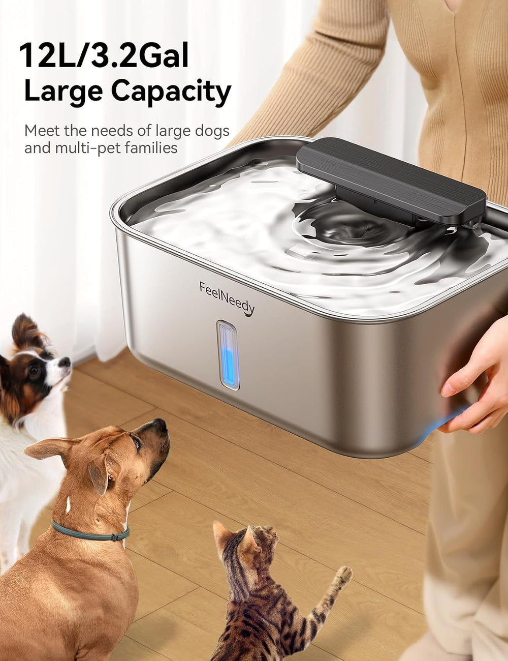 FEELNEEDY 3 Gal Stainless Steel Dog Water Fountain for Large Dog, Pet Water F...