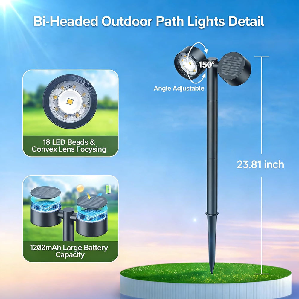 Solar Path Lights, Dual-Head with 2 Solar Panels & 2 Oversized Lenses