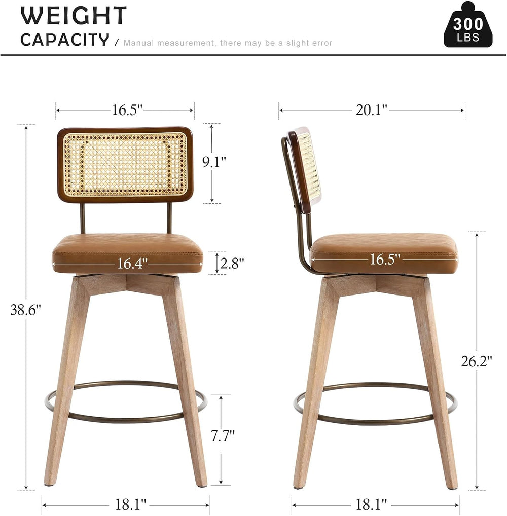 26" Swivel Boho Bar Stools Set of 2, Solid Wood, Rattan, Brown