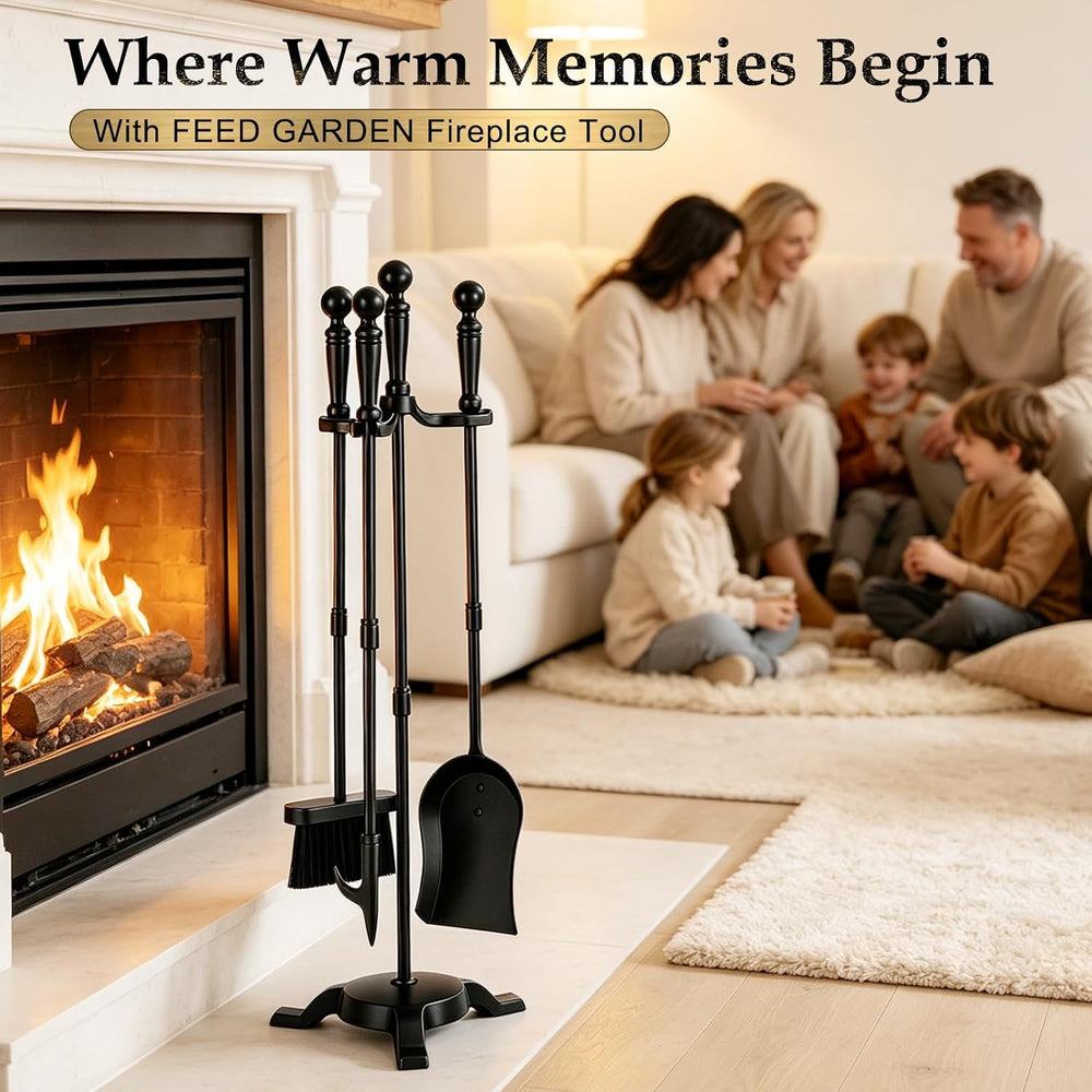 FEED GARDEN 4-Piece Fireplace Tool Set with Stand, 30In Wrought Iron, Black