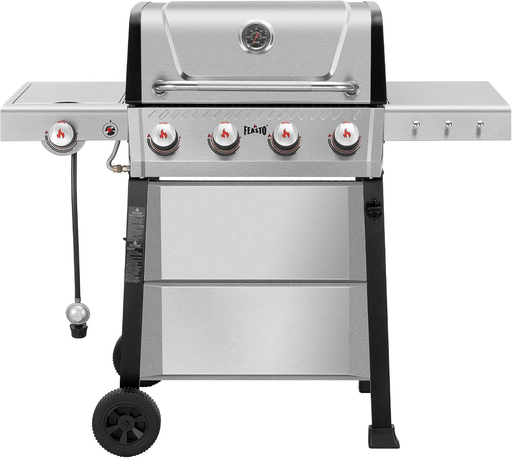 Feasto 4-Burner Propane Grill with Ceramic Burner Chamber & Side Burner