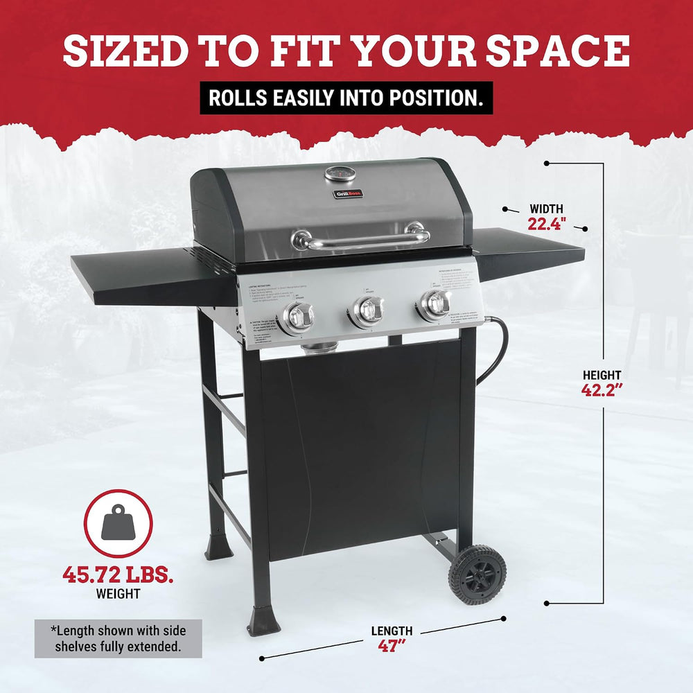 Grill Boss 3 Burner Propane Gas Grill, Portable BBQ, Lid, Wheels & Shelves