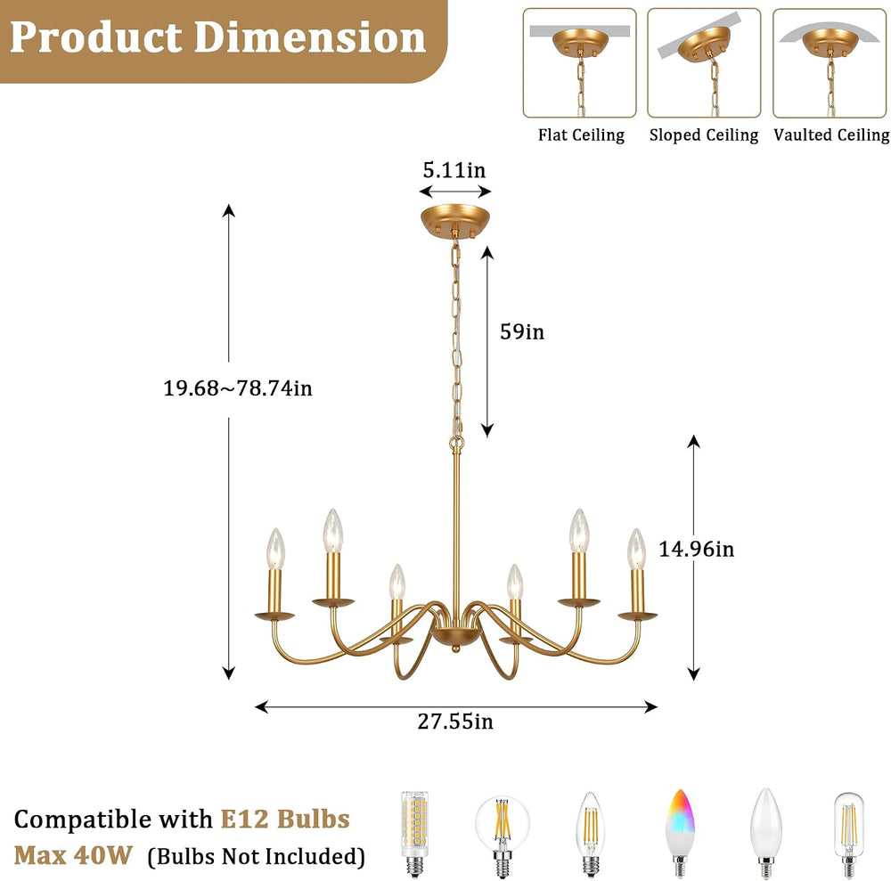 6-Light Gold Chandelier, Modern Farmhouse Chandeliers for Dining Room Light F...