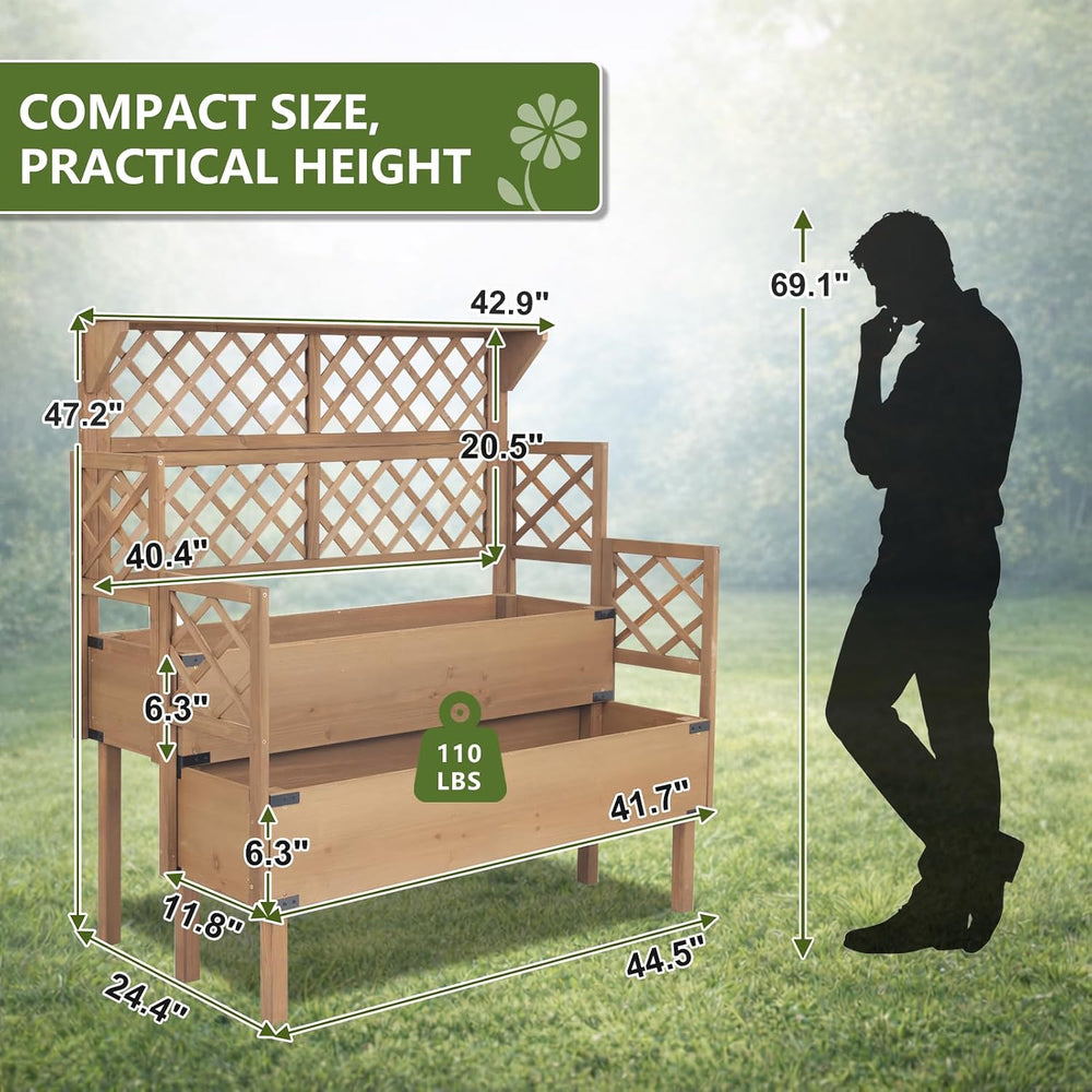 Raised Garden Bed with Trellis, 2-Tier Elevated Planter Box, Wooden Outdoor P...