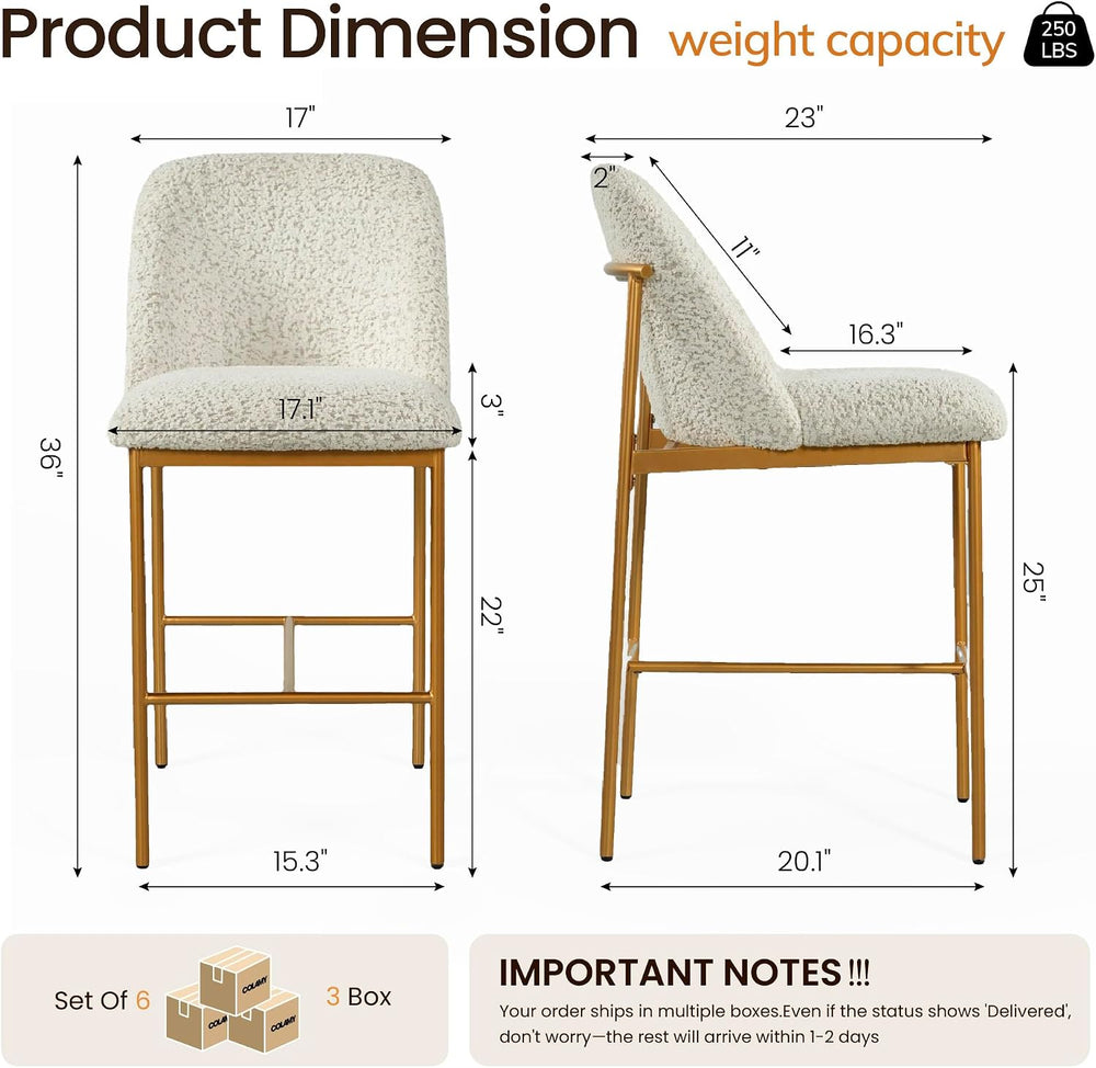 COLAMY Counter Height Bar Stools Set of 6, Modern Tweed Upholstered Kitchen I...