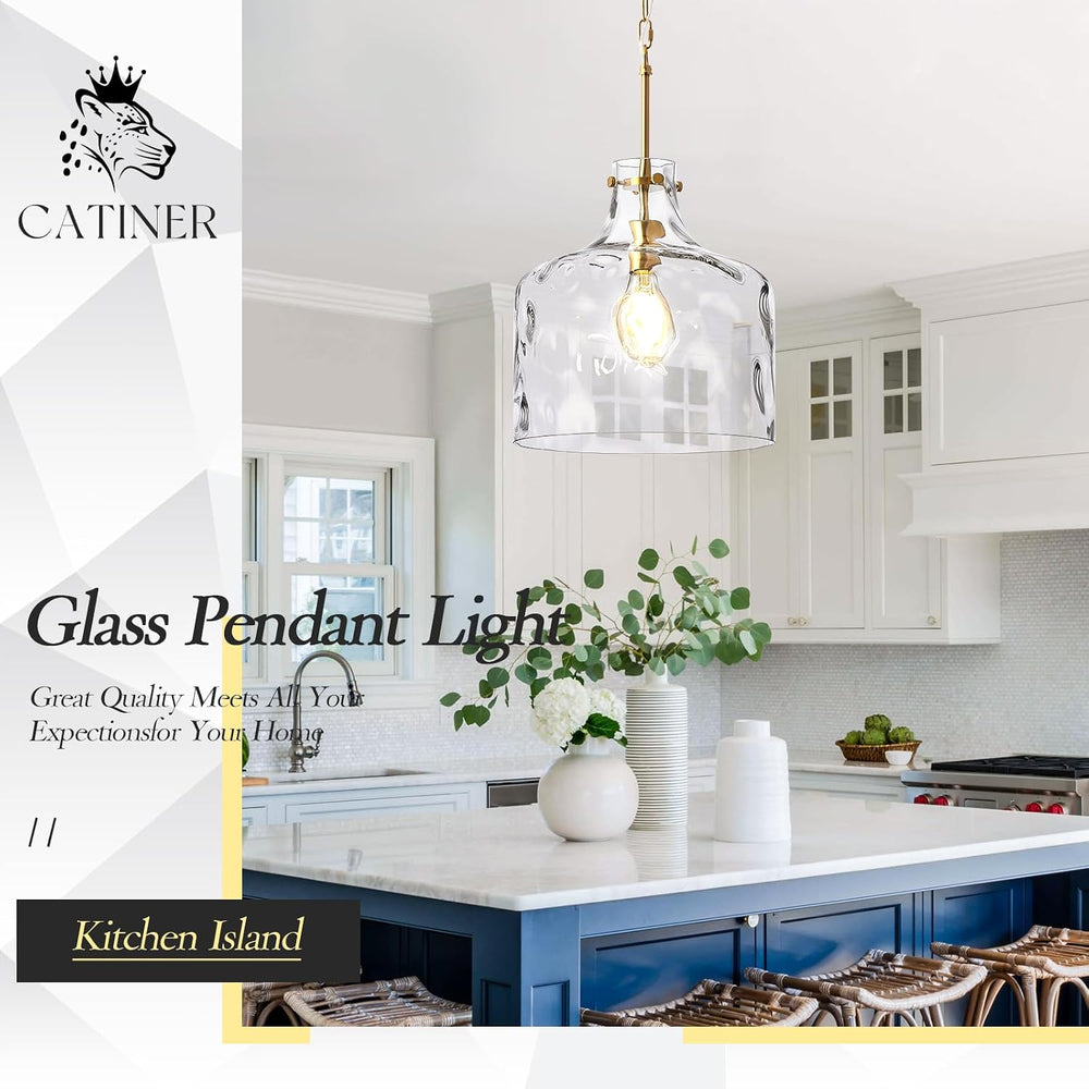 CATINER 16" Farmhouse Hammered Glass Pendant Light, Gold Hanging Light